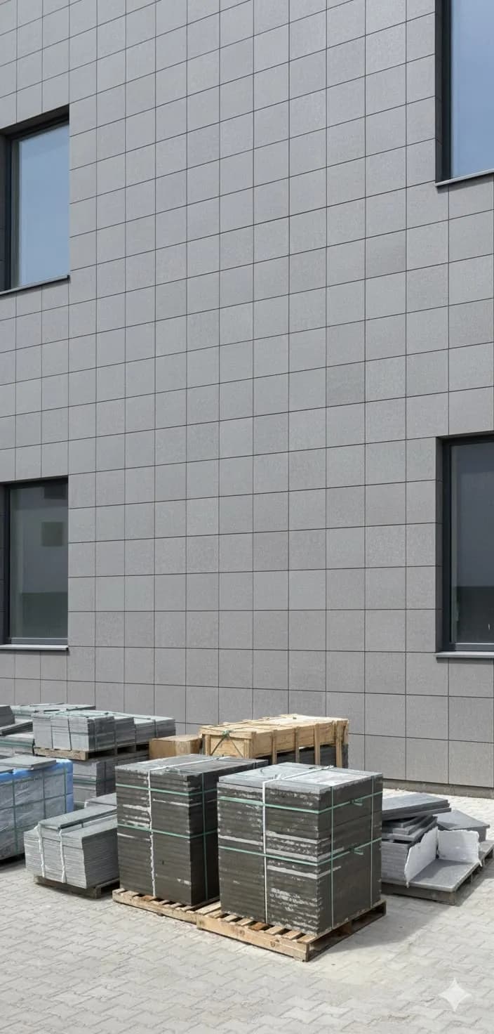 Basalt paving detail along a building façade